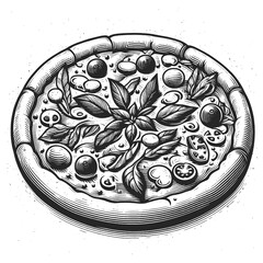 pizza with toppings in an intricate black and white engraving style sketch engraving generative ai raster illustration. Scratch board imitation. Black and white image.