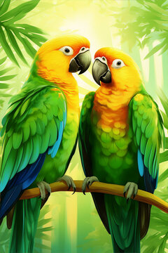 Two parrots with bright green and yellow feathers are sitting on a branch in a jungle setting.