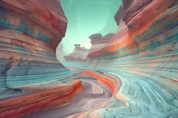 Foto auf Acrylglas Antireflex Surreal colorful landscape inspired by Grand Canyon. rock formations. Abstract colorful background image. Created with Generative AI technology © Artem