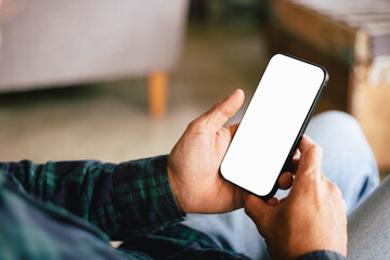 cell phone blank white screen mockup.hand holding texting using mobile on desk at office.background empty space for advertise.work people contact marketing business,technology