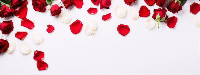 Red and white rose petals and buds scattered on white background, top view, flat lay.