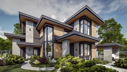 Fototapeten 3d rendering of modern twostory house with gray and wood accents, large windows, parking space in the right side of the building, surrounded by trees and bushes, green grass on lawn, daylight © korisbo