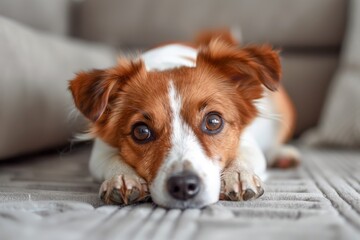 Adorable dog with a playful gaze peeking from behind the sofa, exuding a cute and curious vibe in a home setting