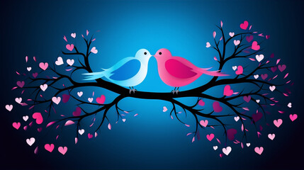 Two love birds sitting on a branch with pink heart-shaped leaves on a blue background. - obrazy, fototapety, plakaty