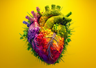 A human heart made of rainbow colored plants, covered in green spikes, against a yellow background, rendered in a photo realistic