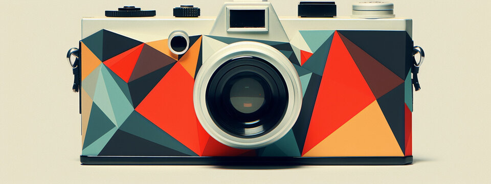 A retro camera with a geometric pattern in red, orange, blue, and gray colors.