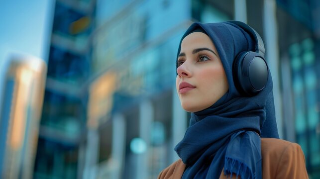 Dreamy Arab woman enjoying music in urban setting with wireless headphones