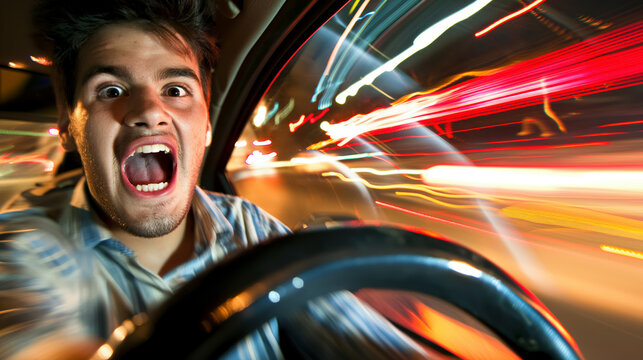 Man driving fast with a thrilled expression.