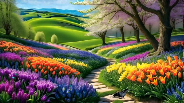 Colorful flowers in the park with a dove. Seamless looping time-lapse 4k video animation background