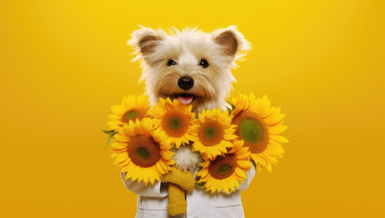 A small dog in a white coat is holding a bunch of sunflowers against a vibrant yellow background.