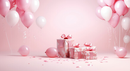 A festive scene featuring a pink background adorned with colorful balloons, presents, and a 5th birthday banner.