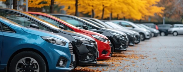 Cars parking in row on park autumn place - obrazy, fototapety, plakaty