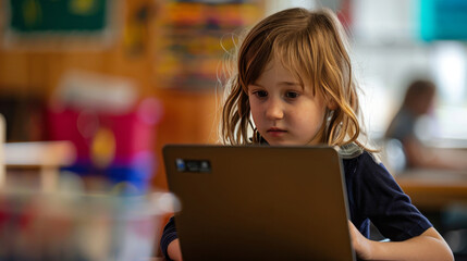 Child Engrossed in Laptop Learning - 761425396
