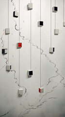 3D illustration of multiple white and black speakers hanging on a cracked white marble wall with red accents.