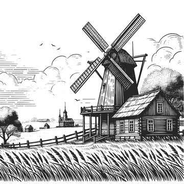 cozy rural farm windmill pastoral landscape, featuring farmhouses, cultivated fields lush vegetation. Sketch engraving generative ai raster illustration. Scratch board imitation. Black and white image