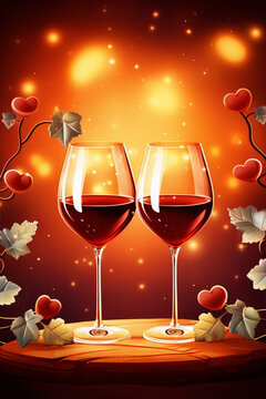 Two glasses of red wine on a wooden table with grape vines and hearts in the background.