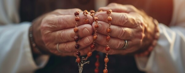 Woman hands holding a rosary and praying in sun backlight