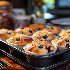 Fresh baked blueberry muffins in a baking pan, blurry kitchen background 