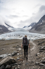 Adventure Awaits: Hiker Approaching a Glacier on a Rocky Path