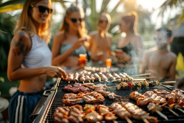 A group of friends gather around a grill cooking meats and vegetables, signifying leisure and...