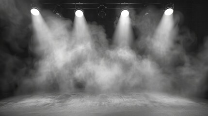 Abstract grey stage with smoke and spot lights. Presentation concept