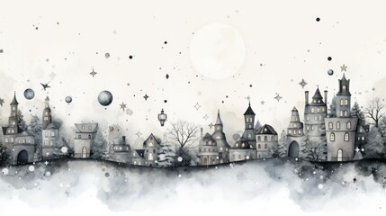 A whimsical watercolor of a storybook village under a celestial moon, blending fantasy and tranquility in soft, dreamy hues. - obrazy, fototapety, plakaty