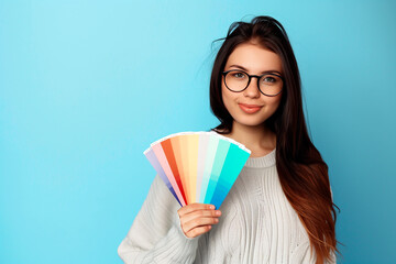 Young female designer smiling while holding color swatches against a blue background. - Powered by Adobe