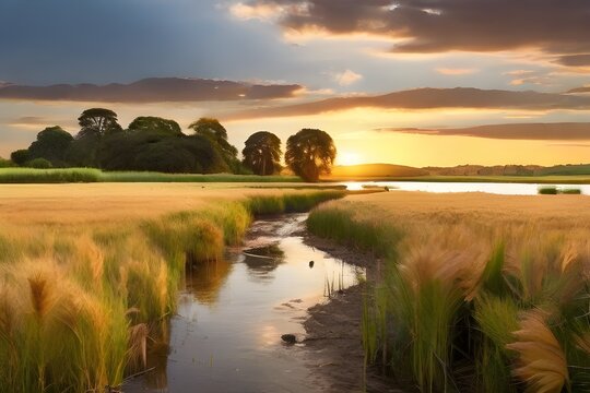 Serene landscape of reed meadow by river at sunset picturesque scene capturing tranquil beauty of nature with golden sunlight reflecting on water perfect for backgrounds depicting environments Generat