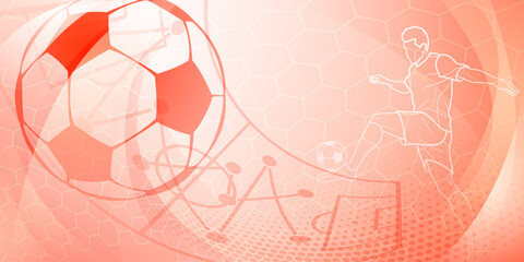 Football themed background in red tones with abstract dots, meshes and curves, with sport symbols such as a football player, stadium and ball