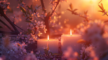 A spring-themed scene with blossoming trees and softly glowing candles