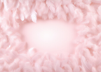 Pink fluffy feathers frame on a pale pink background.