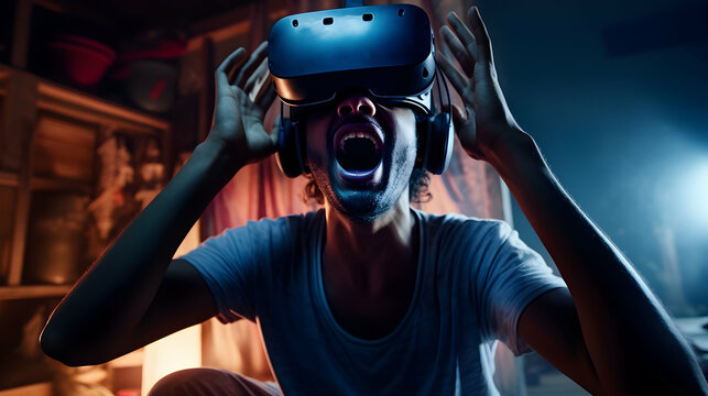 A gamer immersed in a VR horror experience, reacting to virtual scares.