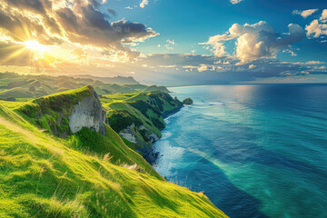 Beautiful green grassy hills with cliffs and blue ocean in New Zealand, golden hour,
