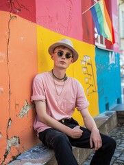 Stylish Young Man in Pink Tee and Fedora Seated by Colorful Urban Wall with Pride Flag
