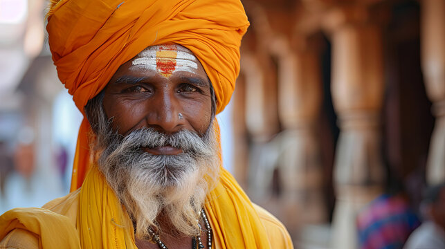 An elderly Hindu man in a beautiful turban decorated with stones