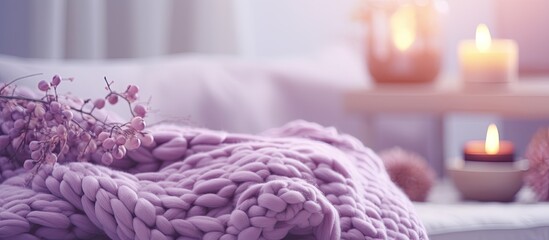 A magenta wool blanket with a unique pattern is draped over a couch next to electric blue candles, creating a cozy and artistic atmosphere