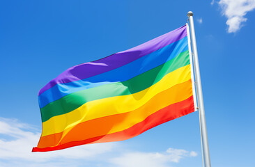 rainbow flag waving on the blue sky