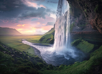 Beautiful landscape photo of a majestic waterfall in Iceland at sunset, taken from behind with green grass and blue sky. The high and powerful waterfall cascades down into an ancient cave below - obrazy, fototapety, plakaty