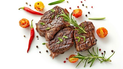 Grilled beef steak with rosemary and peppers isolated on white background