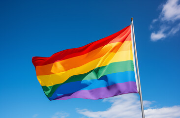rainbow flag waving on the blue sky