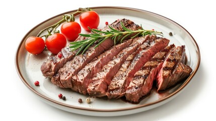 Grilled sliced Beef Steak with tomatoes and rosemary on a plate Isolated on white background