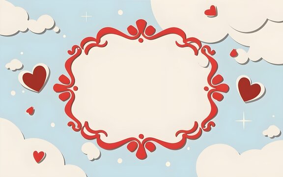 abstract Vintage white frame with pink hearts cloud shapes on a light blue background. minimal composition of the border. Generative AI , photo, ai floral 3d frame, ai floral frame, ai generative	