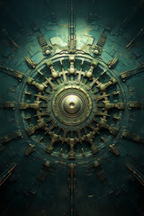 3D rendering of a steampunk style metallic circular machine with golden details.
