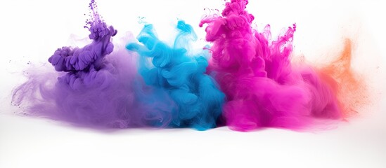 A mix of Purple, Violet, Pink, Magenta, and Electric blue colored smoke emerges from a bottle on a white background, creating a beautiful art display resembling natural petal colors at an event
