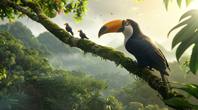 A radiant tropical toucan rests upon a lush tree branch within the vibrant foliage of the tropical jungle