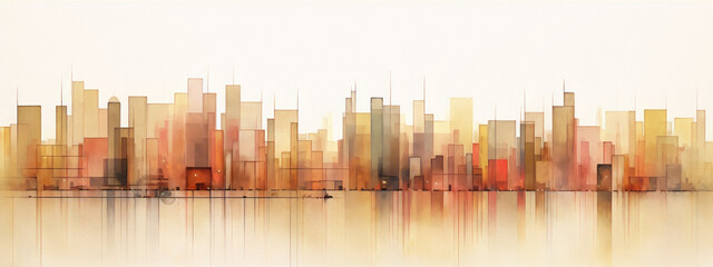 Abstract watercolor painting of a cityscape in warm colors