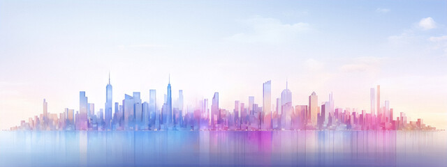 Cityscape in blue and pink pastel colors with a watercolor effect.