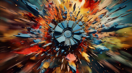 Abstract 3D render of colorful explosion with debris and particles in motion, vibrant colors, suitable for backgrounds.