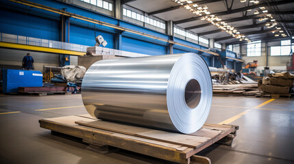 single roll of stainless steel on a pallet in a production hall or warehouse of a factory