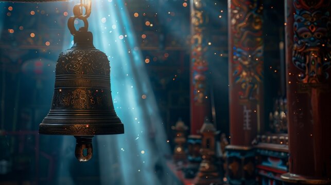 Ritual hand bell in the Buddhist temple as the enlightenment symbol,